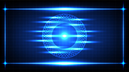 Glowing blue spirograph light portal with motion streaks on a digital grid, creating a high tech futuristic atmosphere
