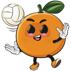 cute orange mascot character serve volleyball, happy mandarin fruit cartoon vector illustration, work of hand drawn