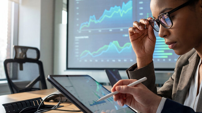 Focused businesswoman analyzing digital financial data with a colleague in modern office, reviewing rising market trends on screen - Powered by Adobe
