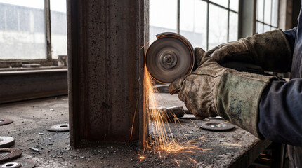 Industrial worker using an angle grinder to cut metal beam with sparks flying in a workshop filled with equipment and tools