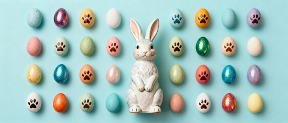 Ceramic bunny surrounded by colorful easter eggs and paw prints arranged neatly on a light blue background