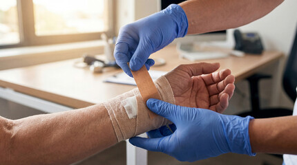 Healthcare professional applying adhesive bandage to an injured wrist while wearing blue gloves in a clinical office environment