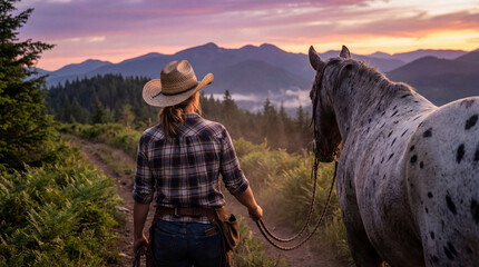 Cowgirl leading spotted horse along forest trail at sunrise with misty mountains and glowing sky in the background