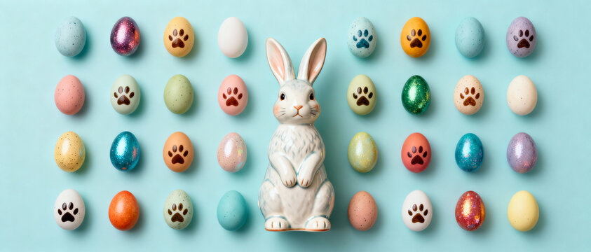 Ceramic bunny surrounded by colorful easter eggs and paw prints arranged neatly on a light blue background - Powered by Adobe