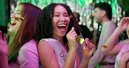 Bachelorette party, dance or music with bride and women in nightclub together for celebration. Energy, evening and smile with happy group of friends at social event for entertainment or fun.