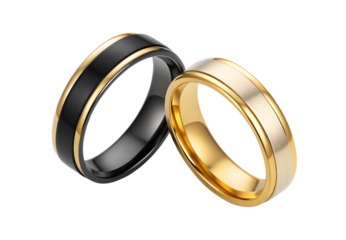 Two elegant wedding bands rings gold black metallic design, isolated on a transparent background
