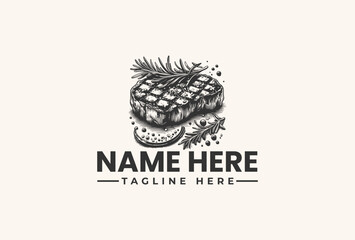 Rustic Steak Logo Vector Illustration of Grilled Meat with Rosemary and Spices