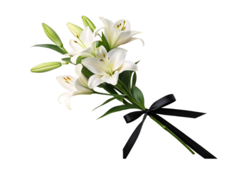 White lily blooms black ribbon condolence funeral arrangement, isolated on a transparent background
