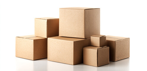 Obraz premium Stack of various sized natural brown corrugated cardboard boxes with visible texture and folded flaps arranged neatly