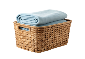 Blue blanket wicker basket storage organization home decor, isolated on a transparent background