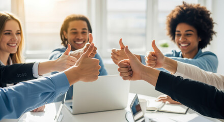 Diverse business team celebrating success with thumbs up gesture at office table, teamwork unity and motivation in modern workplace