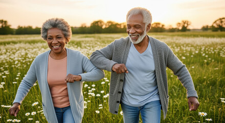 Joyful senior couple walking arm in arm through a blooming spring meadow, smiling and enjoying outdoor nature together at sunset