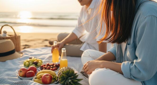 Couple enjoying a healthy picnic with fresh fruit and juice on a beach during a relaxing sunny afternoon by the seaside - Powered by Adobe