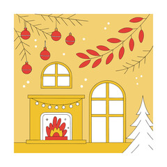 Fototapeta premium A festive holiday scene with a fireplace and christmas decorations on a yellow background with snowflakes and a tree