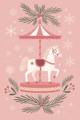 Charming vintage-style Christmas vector illustration of white carousel horse surrounded by evergreen branches, red berries, and delicate snowflakes on a soft pink background. Perfect for holiday cards