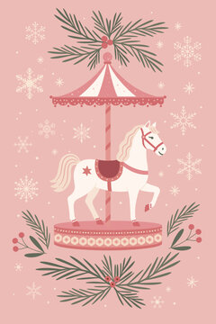 Charming vintage-style Christmas vector illustration of white carousel horse surrounded by evergreen branches, red berries, and delicate snowflakes on a soft pink background. Perfect for holiday cards