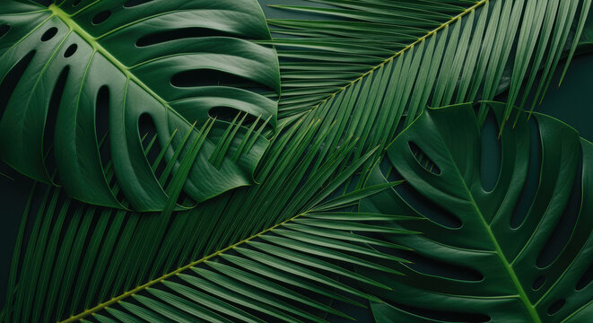 Lush overlapping tropical monstera and palm leaves creating dense green jungle pattern in dramatic low light for natural background - Powered by Adobe