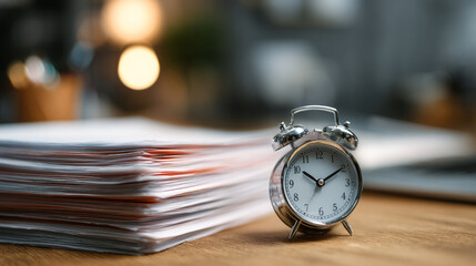 Stack of white papers with slightly crumpled edges next to a small classic silver metal alarm clock on a wooden desk with blurred background