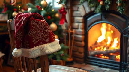 Santa hat resting on wooden chair by a cozy fireplace and christmas tree