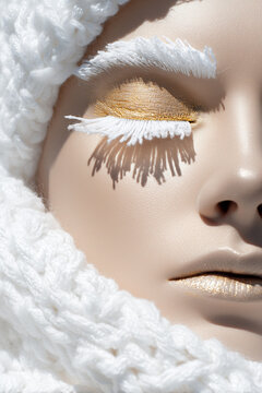 Closed eye with white knitted eyelashes and knitted eyebrow and gold eyeshadow &ndash; soft winter beauty concept close-up half-face portrait of androgineus model 