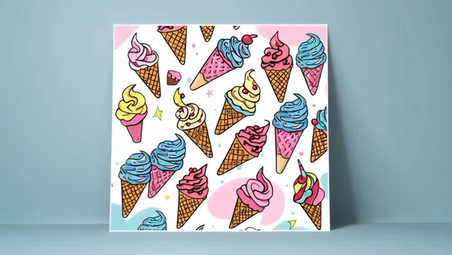 Digital poster with delightful and colorful seamless pattern featuring various ice cream cones in waffle cones, perfect for and sweet treats themes 