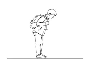 A continuous line drawing of a young man with a backpack bowing respectfully.