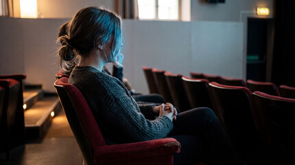 Obraz premium Quiet young woman sitting alone in empty cinema auditorium with soft blue light watching screen in contemplative relaxed mood