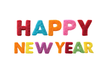Multicolored textured letters spelling HAPPY NEW YEAR in two rows, isolated on a transparent background