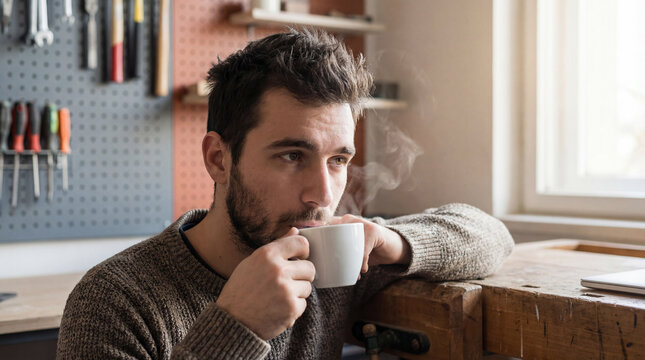 Thoughtful young man drinking hot coffee in a cozy workshop, relaxing at a wooden workbench surrounded by tools and soft daylight - Powered by Adobe