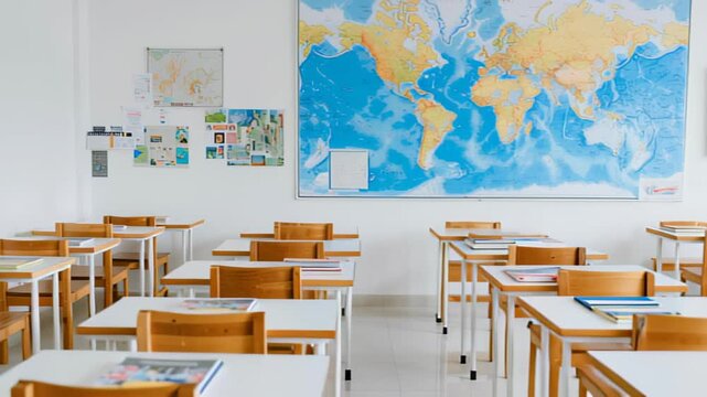 Empty classroom with world map displayed on white walls and wooden desks arranged in rows