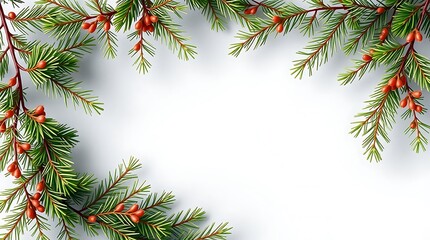 Vibrant Christmas fir branches with small red berries creating a lively, festive border on a clean white background, perfect for seasonal promotions.