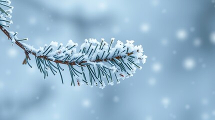Macro shot of a frosty pine branch covered in sparkling snow crystals, with a soft, blurred blue background and falling snowflakes, capturing the serene beauty of winter.