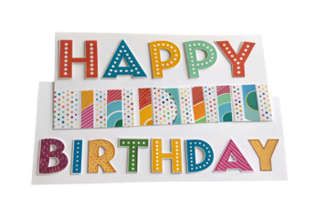 Festive dimensional letters spelling HAPPY BIRTHDAY with decorative candle strip, isolated on a transparent background