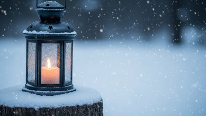 Candlelit Lantern in a Serene Winter Wonderland with Falling Snow.