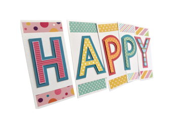 Three dimensional patterned cards spelling HAPPY in perspective view, isolated on a transparent background