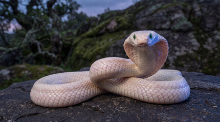 Fototapeta premium Albino cobra coiled on rugged rock in forest habitat at dusk showcasing pale scales, hood display, and intense defensive stare