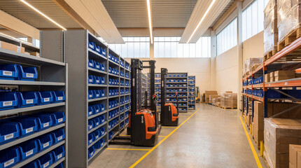 Efficient warehouse interior with tall shelving racks, pallet trucks, organized storage bins, and bright industrial lighting aisles