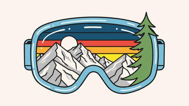 Retro ski goggles reflecting a vibrant mountain landscape with a pine tree and sunset.