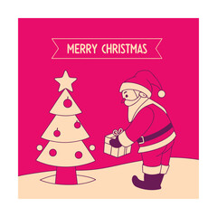 A cheerful cartoon santa claus decorating a christmas tree on a vibrant pink background with a gift in hand on a holiday scene