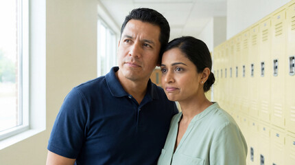 Concerned parents standing in a school hallway near lockers, looking out a window with thoughtful expressions and supportive posture