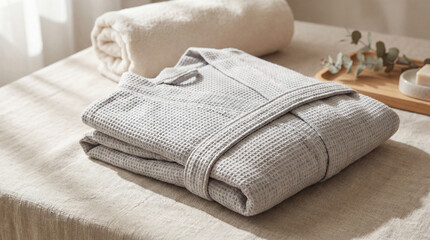 Folded waffle weave bathrobe on linen covered table in soft morning light with towel and eucalyptus branches nearby