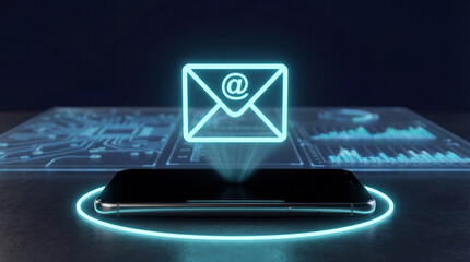 Glowing email icon hovering above smartphone with digital holographic interface displaying data charts and futuristic communication graphics
