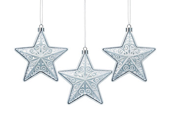 Obraz premium Three silver ornate star decorations, isolated on a transparent background