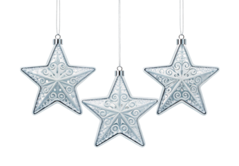Three silver ornate star decorations, isolated on a transparent background