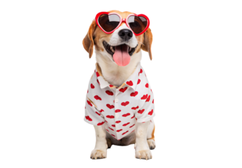 Happy beagle wearing heart sunglasses and patterned shirt, isolated on a transparent background