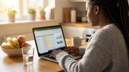 Woman working on financial spreadsheet at home, analyzing colorful charts and data on laptop while sitting at cozy wooden kitchen table
