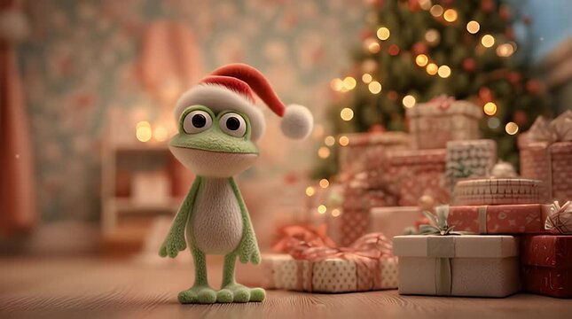 Frog Wearing Santa Hat with Christmas Gifts presents