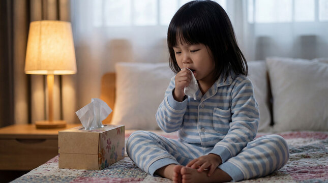 Young child in striped pajamas sitting on bed using tissue while sneezing in cozy bedroom with warm lamp light in the evening - Powered by Adobe