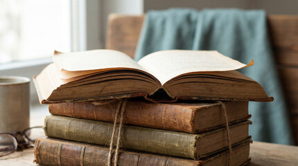 Obraz premium Open vintage book on stack of old hardcover volumes in cozy reading nook with natural light from window and soft fabric background