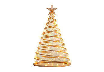 Gold spiral Christmas tree with glowing lights star, isolated on a transparent background